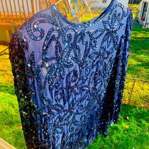 Sapphire Blue Beaded Blouse Vintage L/XL